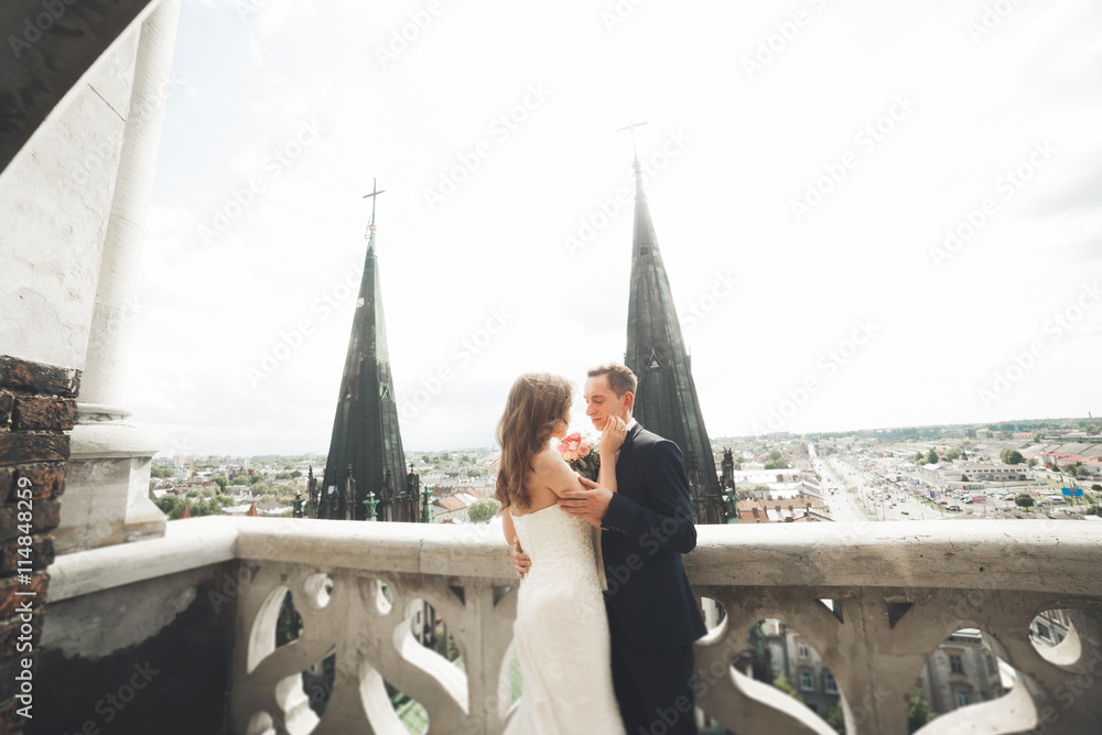 Stylish beautiful wedding couple kissing and hugging on background panoramic view of the old town Stylish beautiful wedding couple kissing and hugging on background panoramic view of the old town