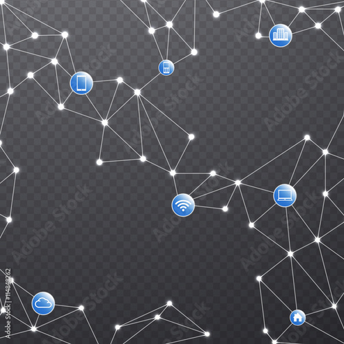 Wireless communication network with the connected devices. Internet connections on transparent background.
