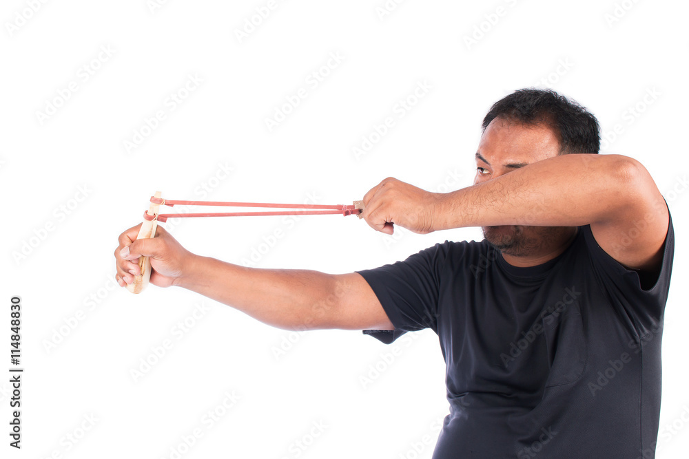 Young man pulling sling shot on white background Young man pulling sling shot on white background