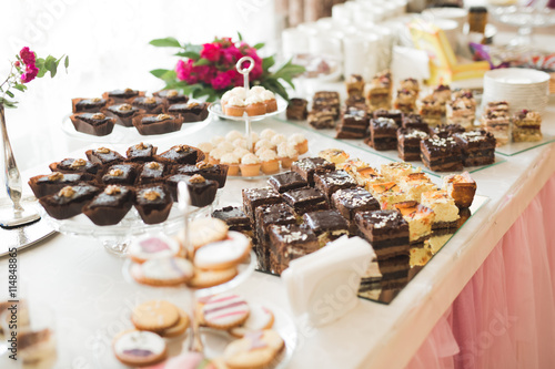 Delicious wedding reception candy bar dessert table