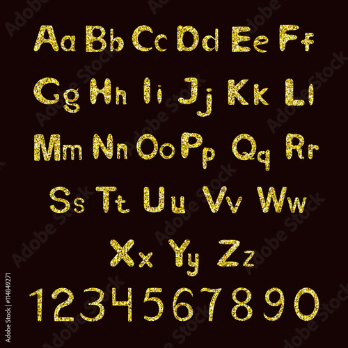 Alphabet Set. Aphabetic fonts with golden glitter. Golden letters and numbers