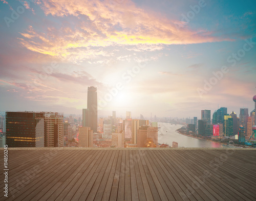 Empty wood floor with bird-eye view at Shanghai bund Skyline