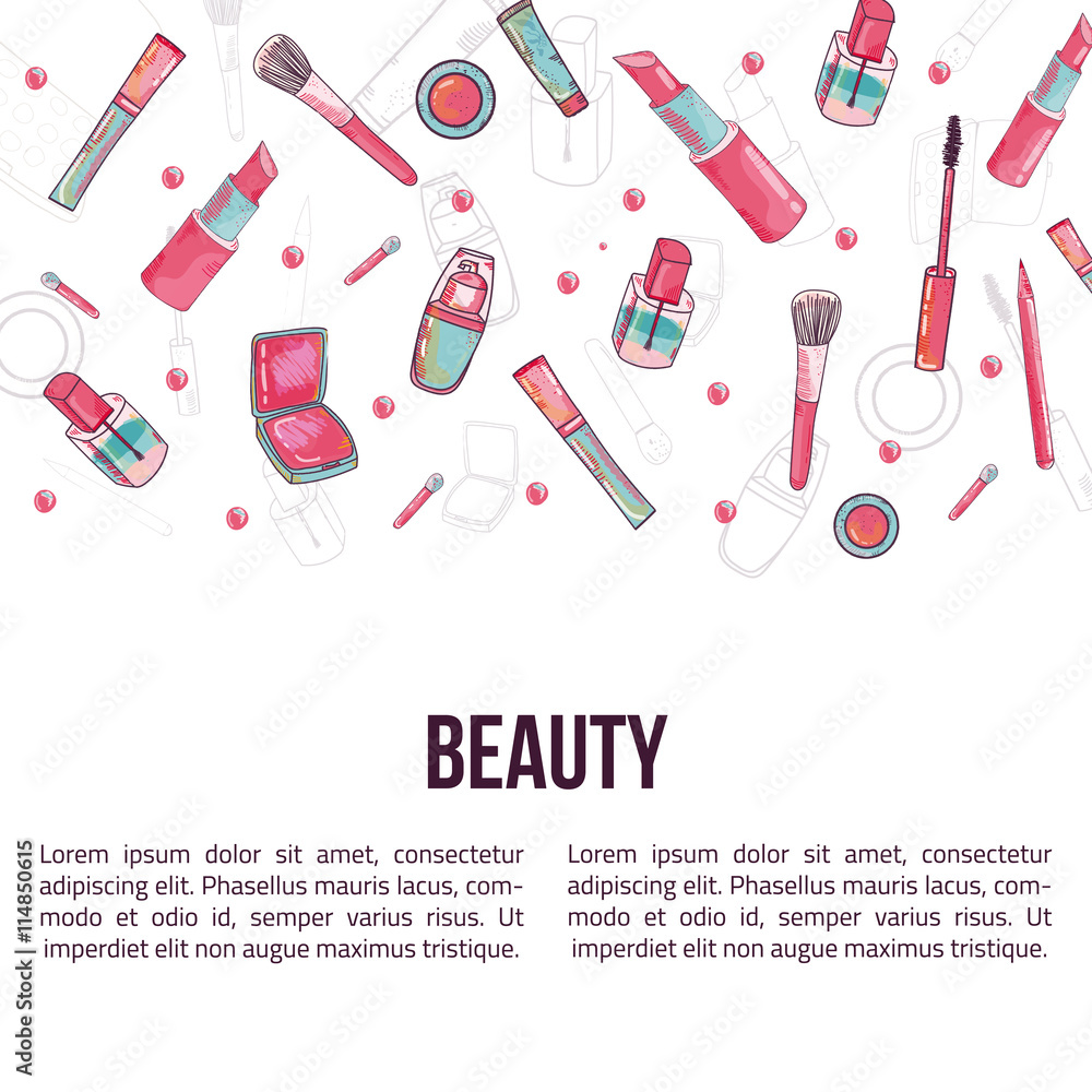 Makeup banner with brush, lipstick, mascara, eyeshadow and lip gloss on white background for beauty salons. Makeup banner with brush, lipstick, mascara, eyeshadow and lip gloss on white background for beauty salons.
