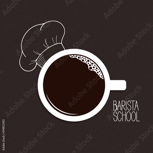 Cup of coffee with hand drawn chef hat over blackboard background. Barista or drinks menu concept