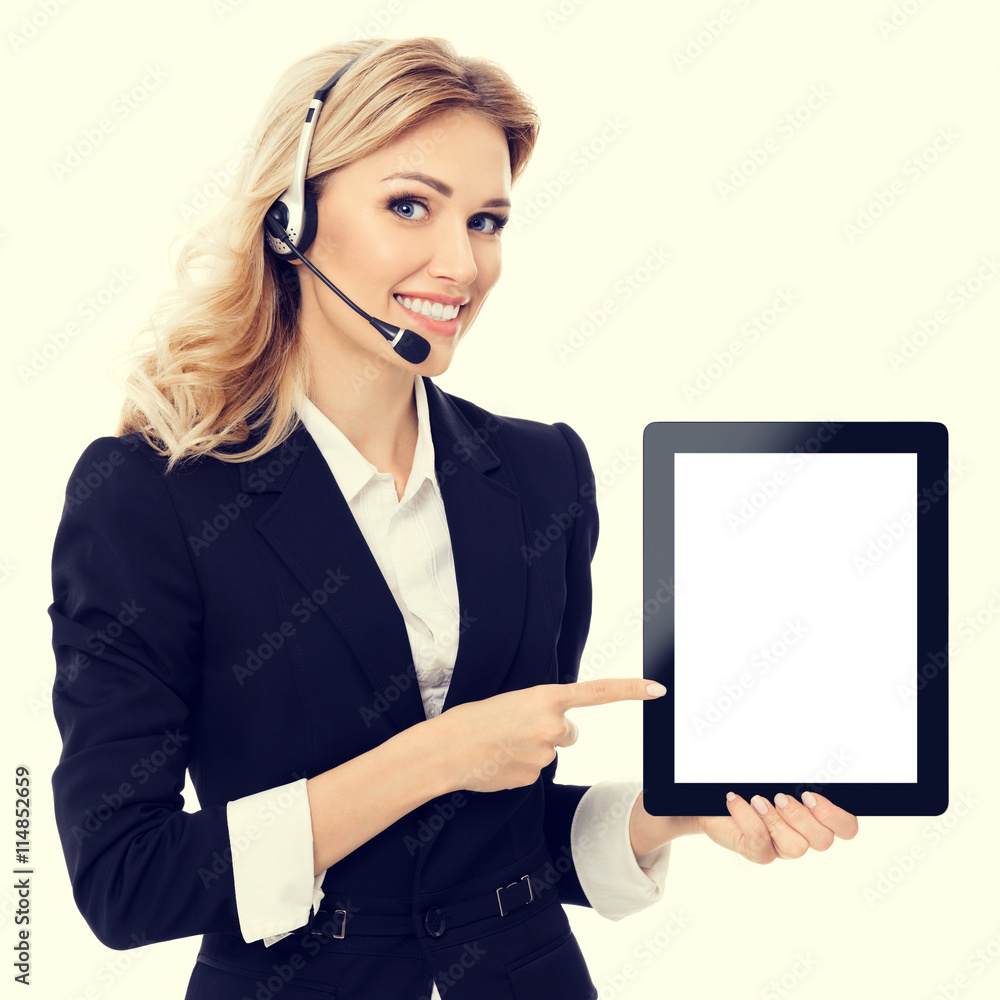 support phone operator showing blank no-name tablet pc monitor support phone operator showing blank no-name tablet pc monitor