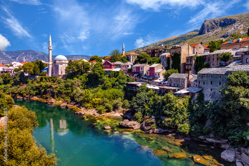 View at the Old Town in Mostar with emerald river Neretva. Bosnia and Herzegovina.
