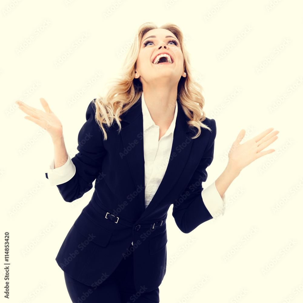Happy gesturing young cheerful businesswoman Happy gesturing young cheerful businesswoman