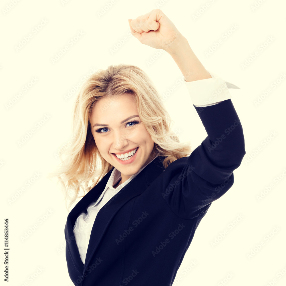 Happy gesturing young cheerful businesswoman Happy gesturing young cheerful businesswoman