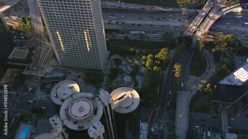 Flying over Westin Bonaventure Hotel to freeway in Los Angeles. Shot in 2008. photo