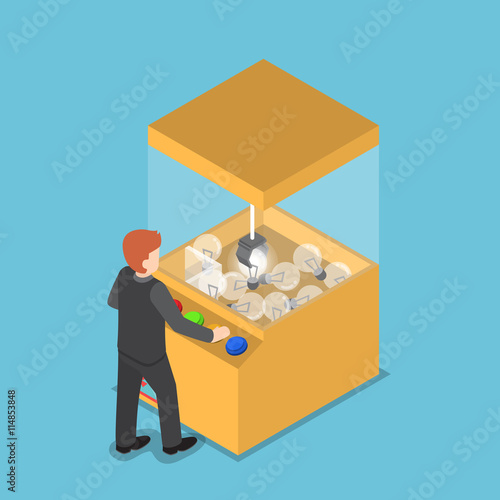 Isometric businessman getting glowing light bulb from claw game