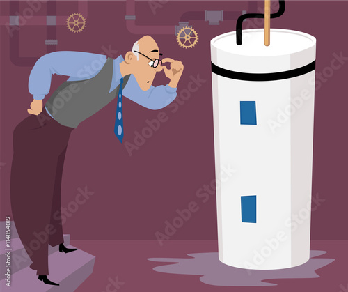 Concerned man looking at a puddle of water, leaking from a water heater, EPS 8 vector illustration 