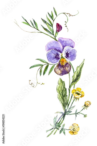 Watercolor bouquet of flowers with pansies