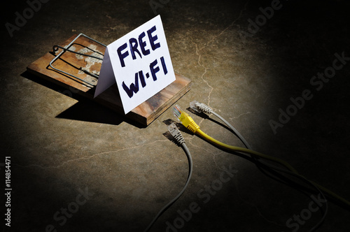 Fototapeta The dangers of free wi-fi. Cyber crimes and hacking networks