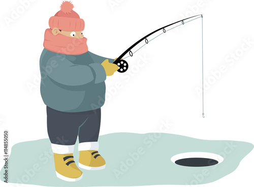 Warmly dressed person ice fishing, EPS 8 vector illustration, no transparencies