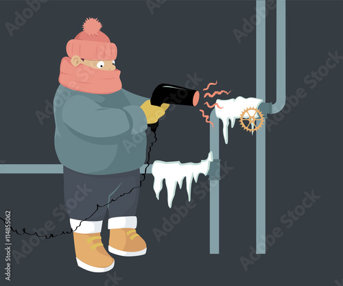 A person attempting to unfreeze frozen water pipes with a hair dryer, EPS 8 vector illustration, no transparences