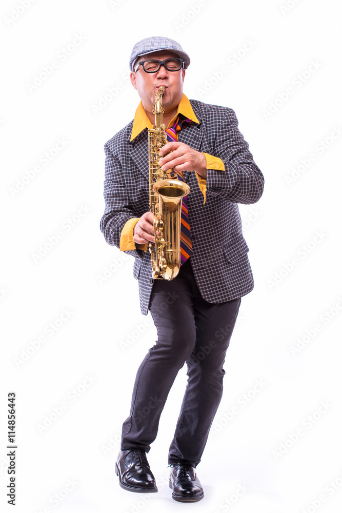 Naklejka premium Portrait of Passionate Expressive Male Alto Saxophone Player