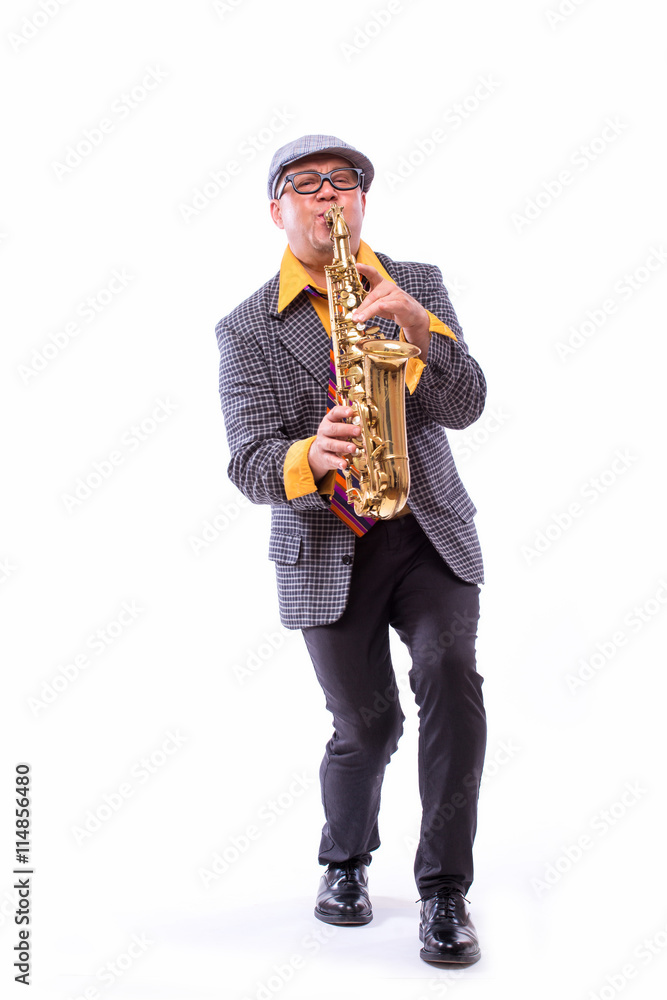 Naklejka premium Portrait of Passionate Expressive Male Alto Saxophone Player
