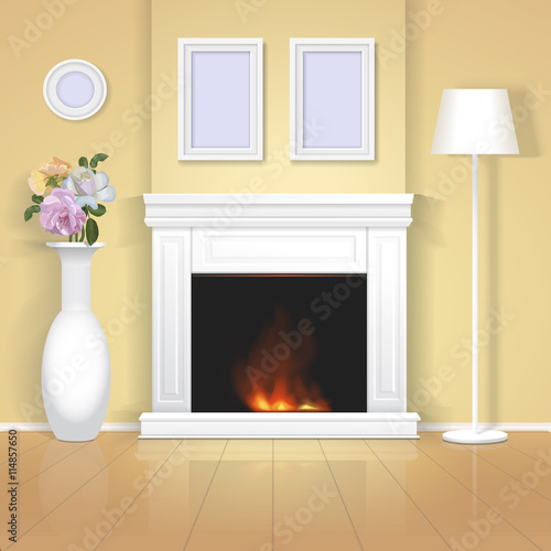 Classic interior with fireplace illustration. Realistic home design