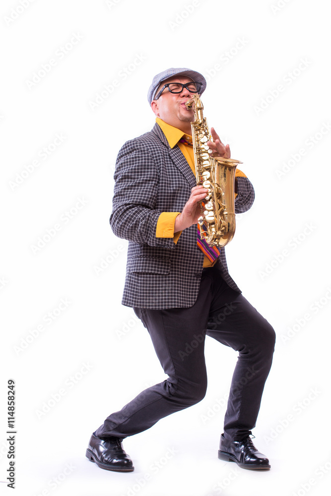 Naklejka premium Portrait of Passionate Expressive Male Alto Saxophone Player