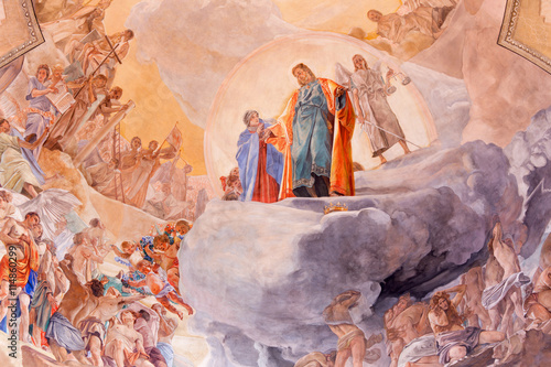 BRESCIA, ITALY - MAY 22, 2016: The detail of fresco of Last Judgment on cupola in church Chiesa di Christo Re by Vittorio Trainini (1936)