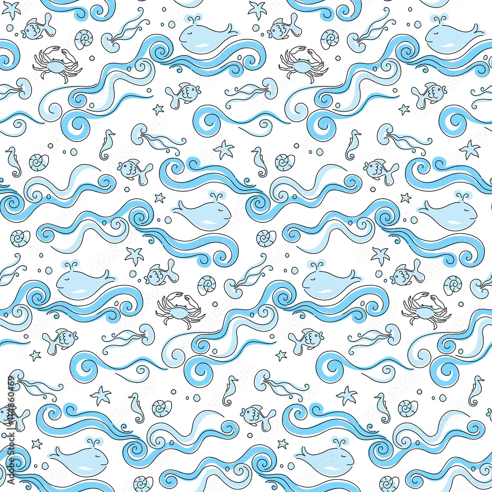 Seamless abstract pattern with waves, whale, fish, seahorse, jellyfish, crab Seamless abstract pattern with waves, whale, fish, seahorse, jellyfish, crab