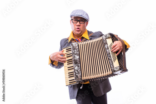 Male singer artist play on accordion on white background