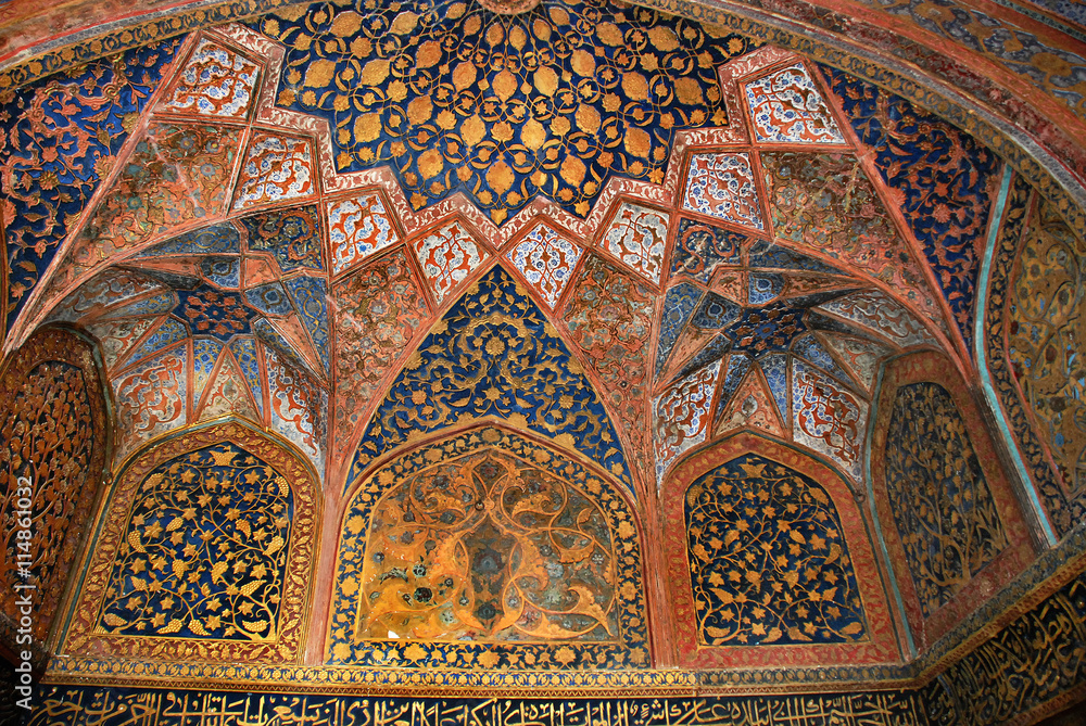 Fragment of painted ceiling of the first room of the main tomb in complex of Sikandra the tomb of Mughul Emperor Akbar in Agra