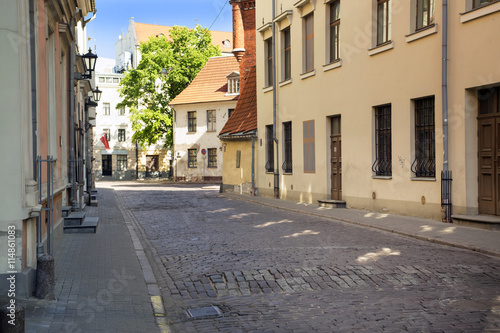 Street without people early in the morning. Europe. Riga