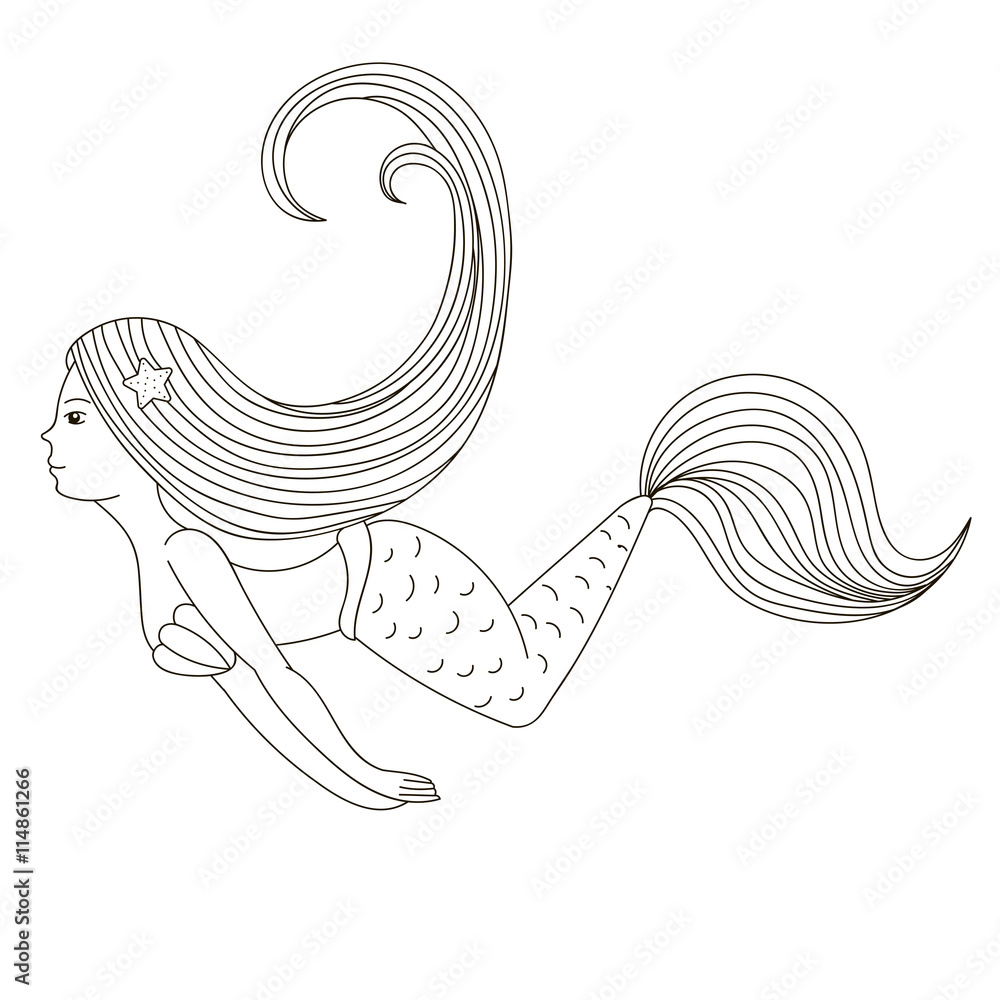 Vector graphic drawing fairy Mermaid with long curly hair. Painted black  lines on a white background Stock Vector | Adobe Stock