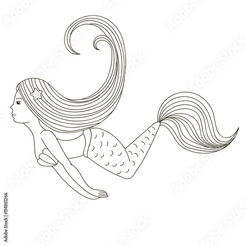Vector graphic drawing fairy Mermaid with long curly hair. Painted black lines on a white background