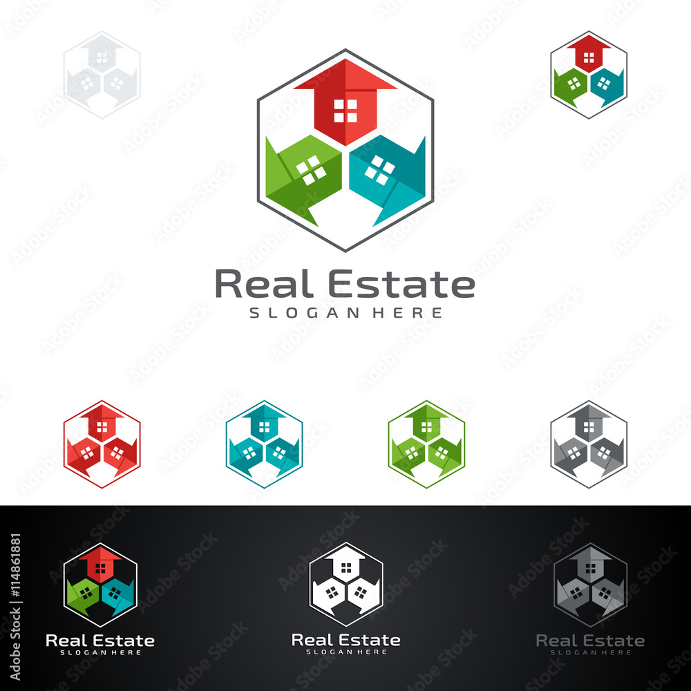 Obraz premium Real estate vector logo design, with colorful home on hexagon line shape represented unique and modern realty