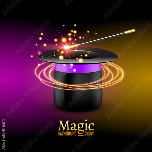Magic Hat with Magic wand. Vector Magician perfomance. Wizzard show background