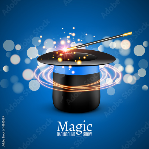 Magic Hat with Magic wand. Vector Magician perfomance. Wizzard show background