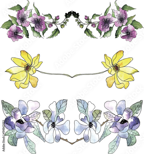 Set of floral watercolor borders