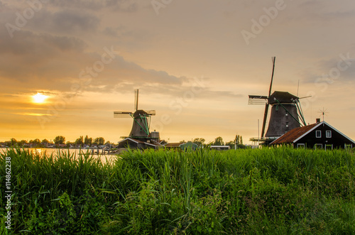 Traditional Dutch Windmills at Sunset