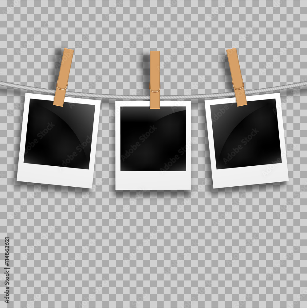 Set of photo frames on the rope with clothespin. Polaroid photo frames set on transparent Set of photo frames on the rope with clothespin. Polaroid photo frames set on transparent