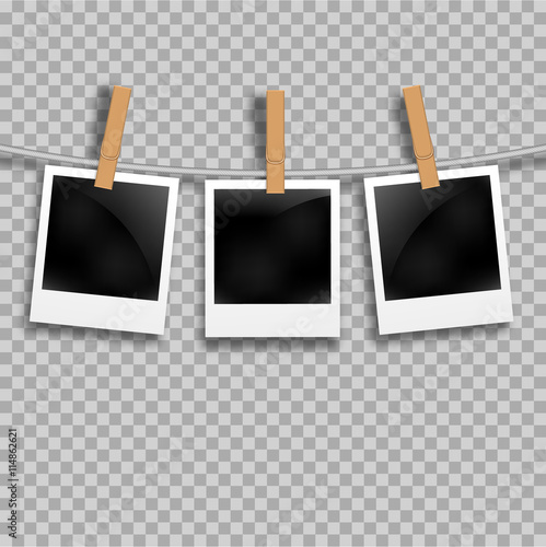 Set of photo frames on the rope with clothespin. Polaroid photo frames set on transparent