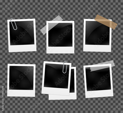 Set of photo frames on the rope with clothespin. Polaroid photo frames set on transparent