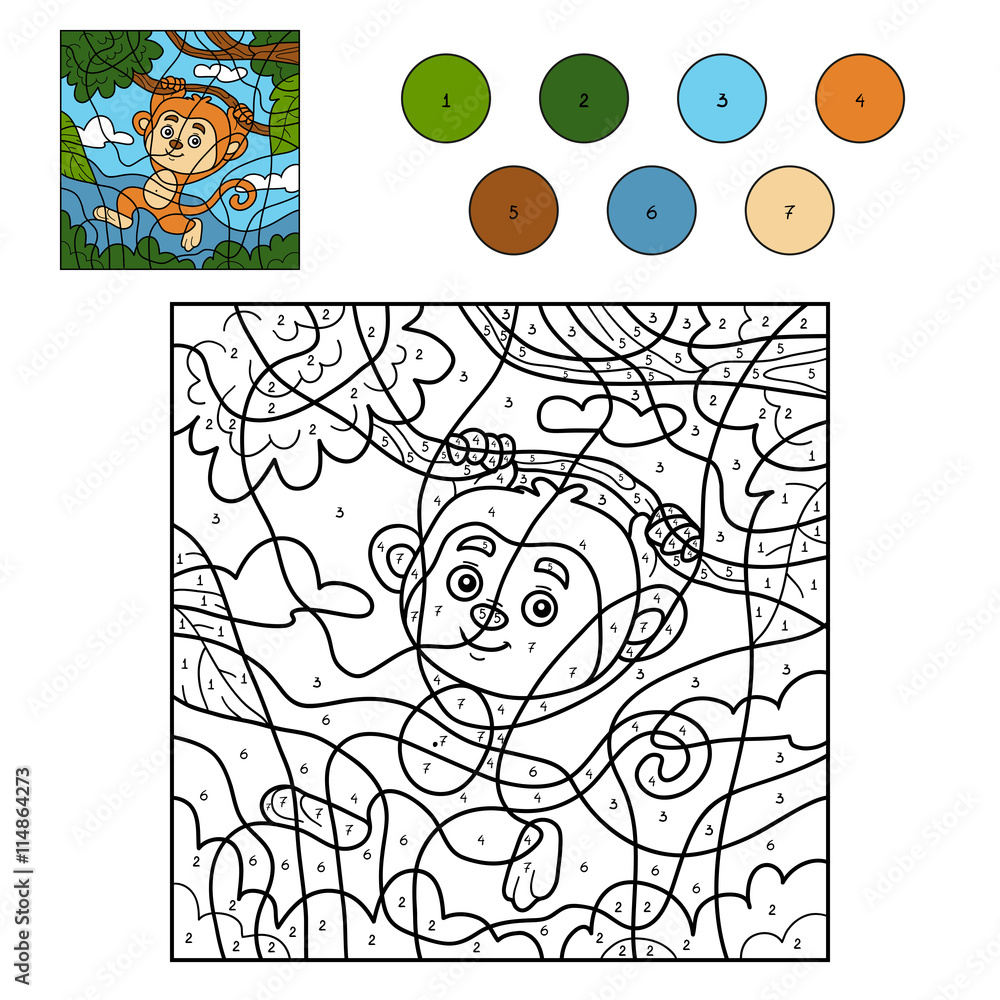 Color by number for children with monkey Stock Vector | Adobe Stock