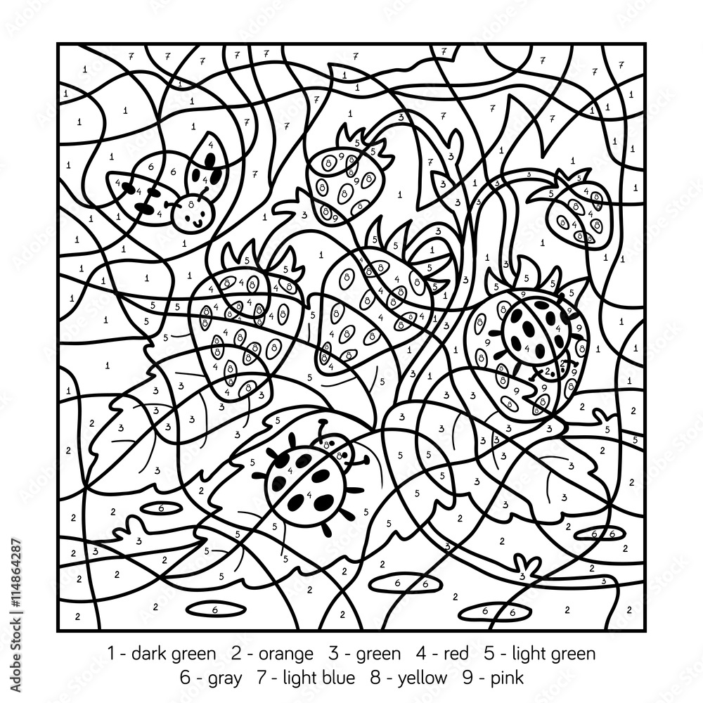 Obraz premium Color by number. Ladybugs and strawberries