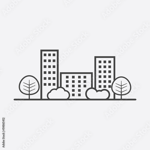 Vector city illustration in flat style. Building, tree and shrub on grey background