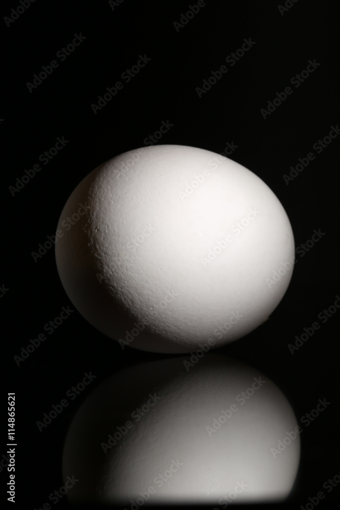 White egg on black background with reflection at studio