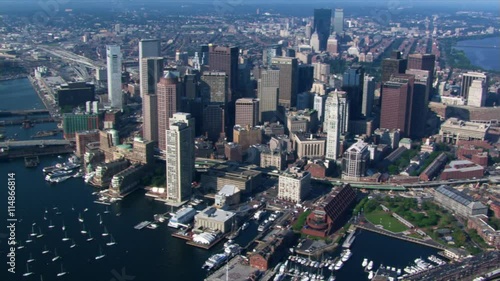 Flight over Boston Harbor with cityscape view. Shot in 2003. photo