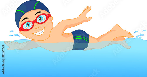 Cartoon little boy swimmer in the swimming pool
