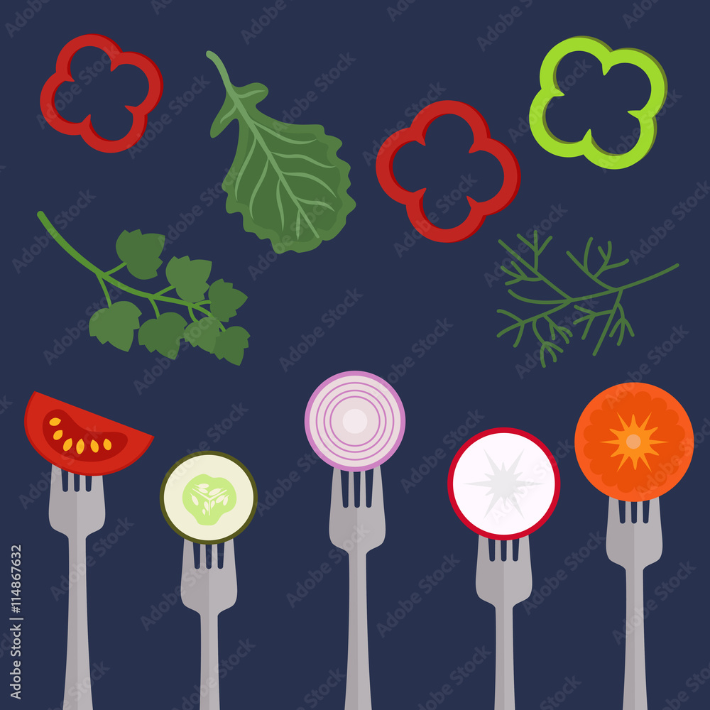 Pieces of vegetables on forks Pieces of vegetables on forks