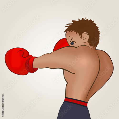 Young boxer in blue shorts trains on a light background. Colored, isolated, vector illustration for emblem, label, badge, flier, leaflet or etc. Square location.