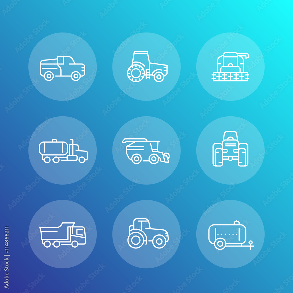 Agricultural machinery line icons set, combine harvester, agricultural vehicles, truck, pickup, vector illustration Agricultural machinery line icons set, combine harvester, agricultural vehicles, truck, pickup, vector illustration