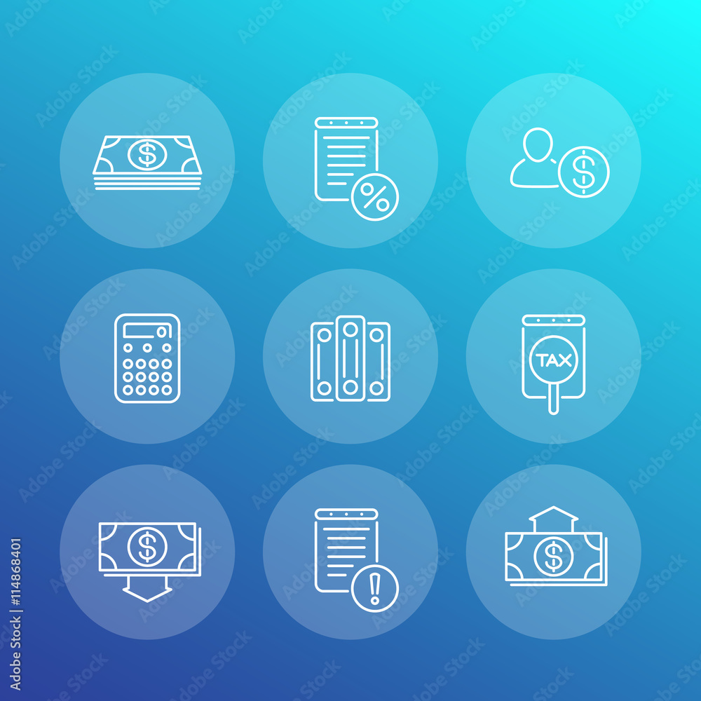 Bookkeeping line icons, finance, tax, accounting, rating, valuation, vector illustration Bookkeeping line icons, finance, tax, accounting, rating, valuation, vector illustration