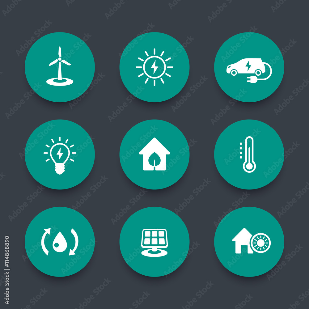 Fototapeta premium Green ecologic house round icons set, vector illustration