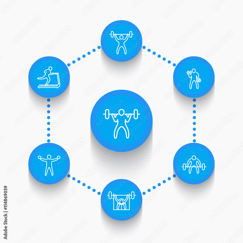 Gym, fitness exercises, training, linear icons set, vector illustration Gym, fitness exercises, training, linear icons set, vector illustration